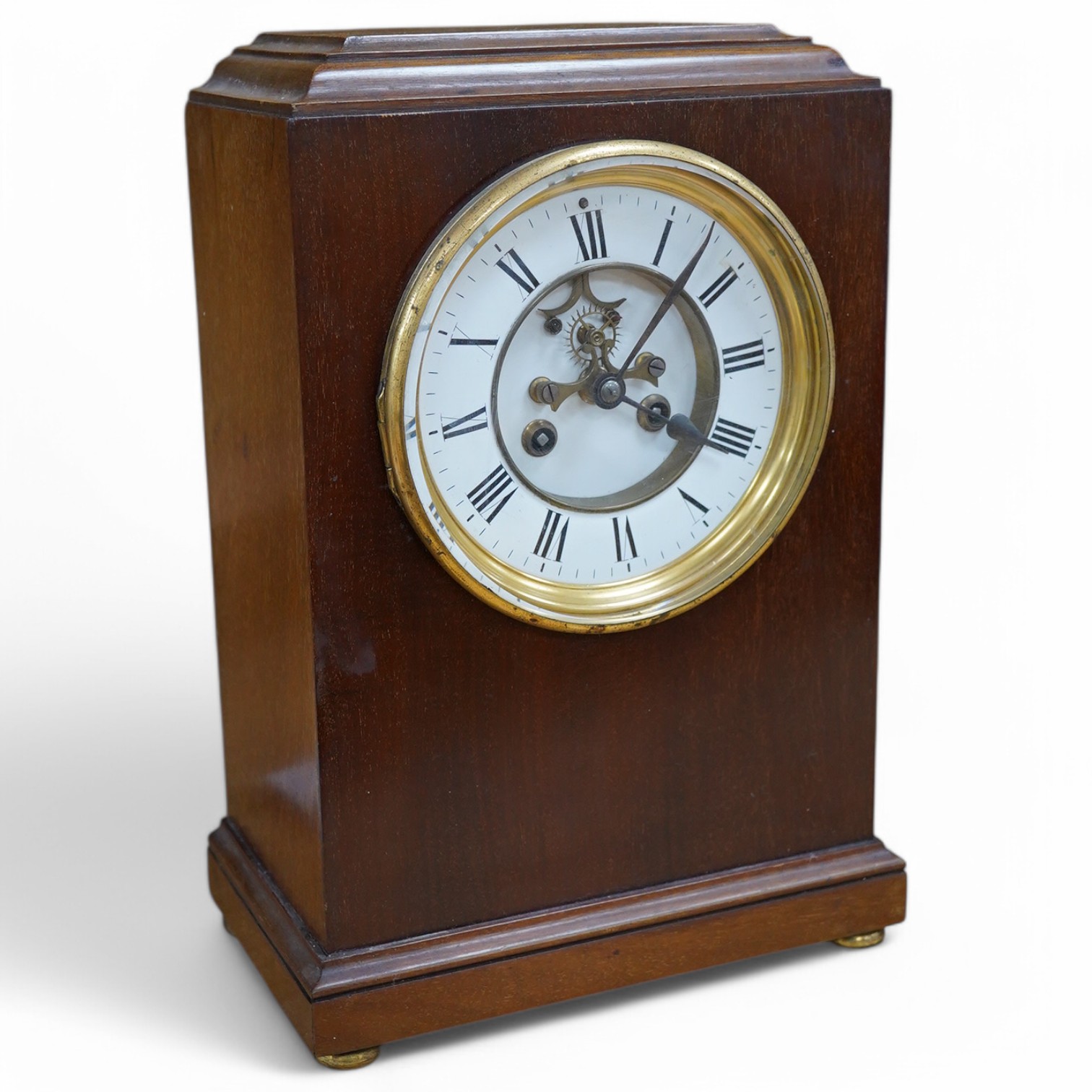 A mahogany mantel clock, with enamel dial visible Brocot escapement, 33cm high. Condition - fair, untested